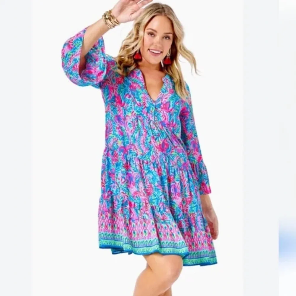 Lilly Pulitzer Gabriel Dress Surf Blue Flim Flam Engineered Print - Picture 11 of 11